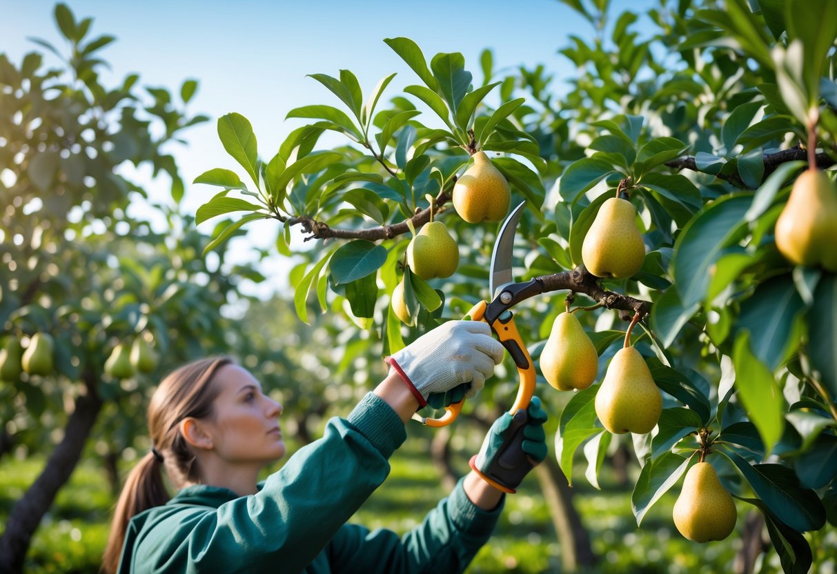 A person pruning branches of a pear tree with ripe pears in a garden under clear sky.