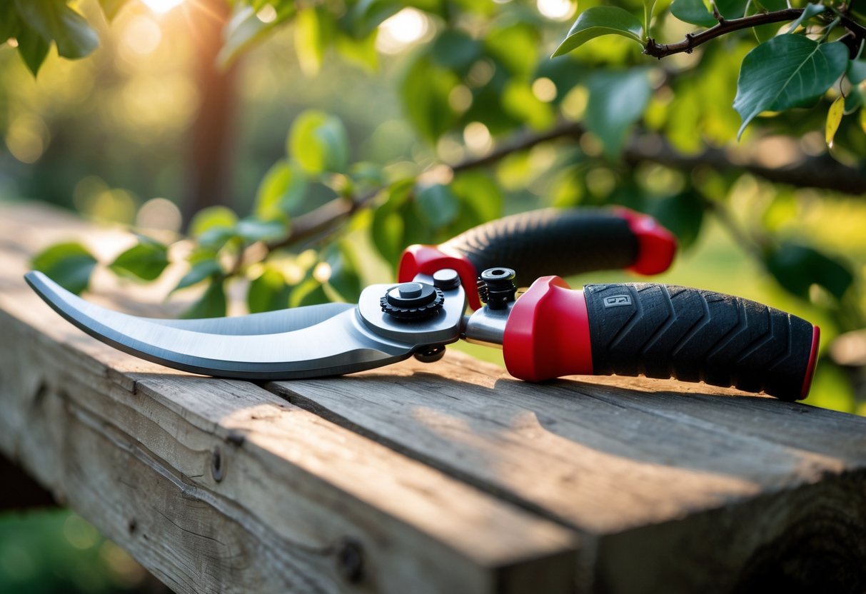 A tree pruning tool resting on a wooden surface with green leaves in the background.