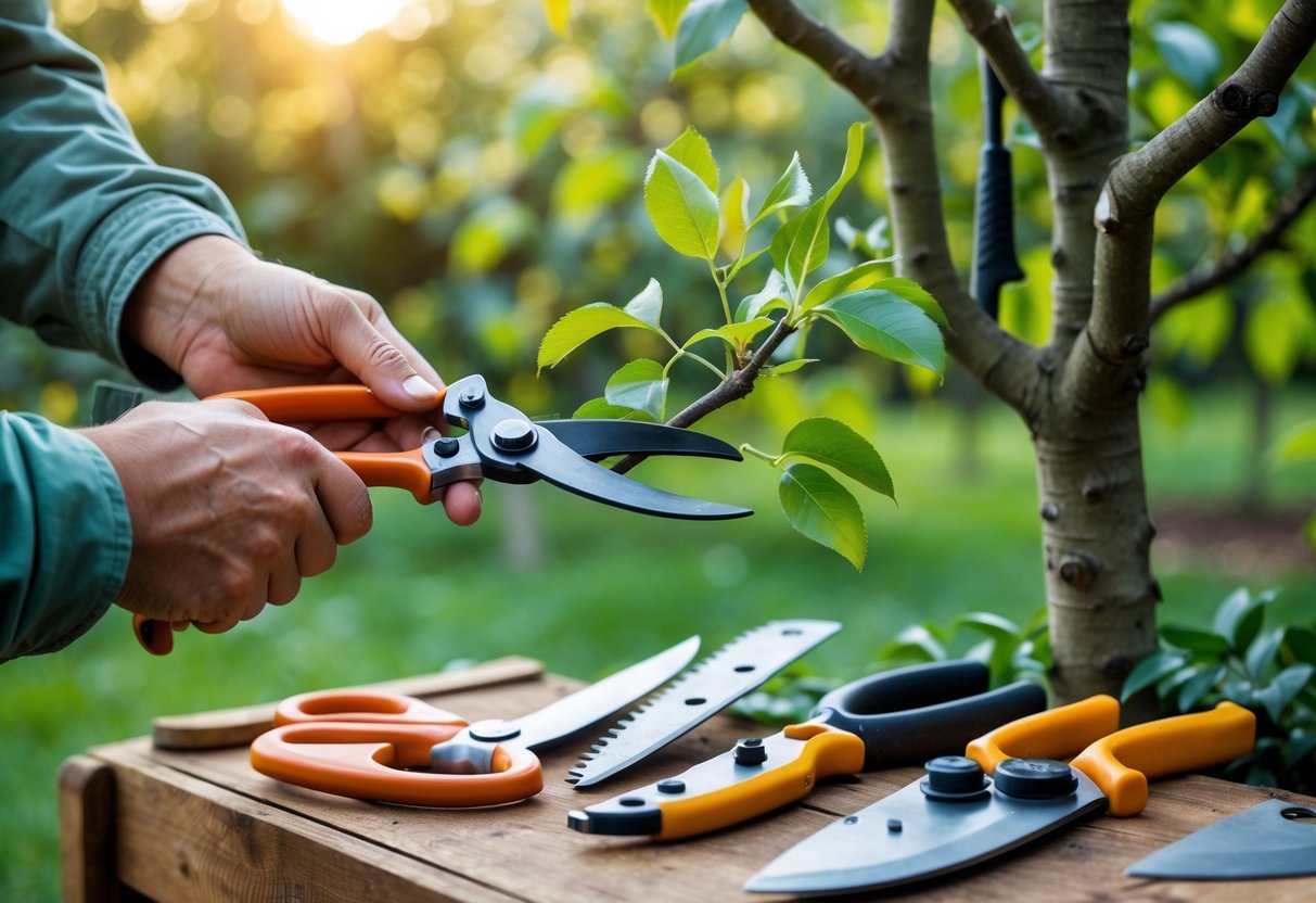 Hands using a pruning shear to cut a branch from a green tree with various pruning tools on a workbench nearby.