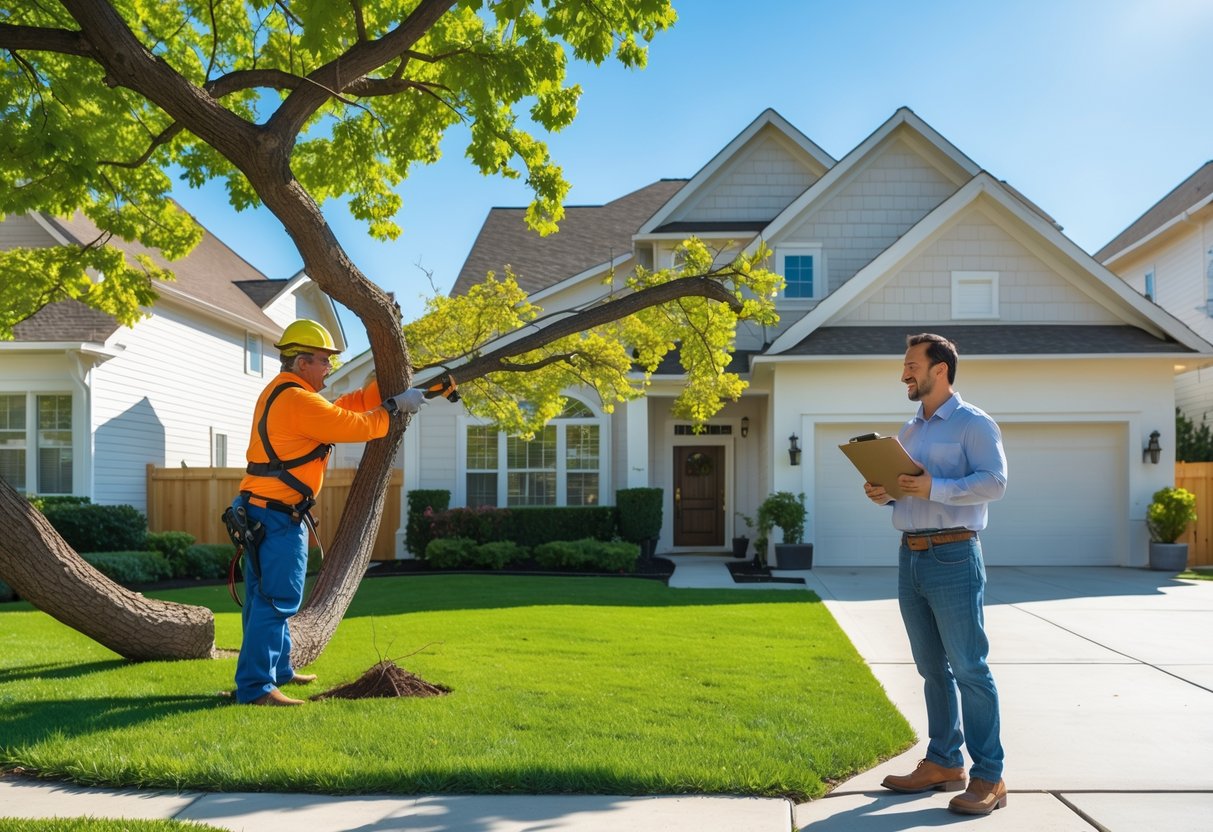 A worker trimming a tree near a suburban house while a homeowner talks with an insurance agent outside.