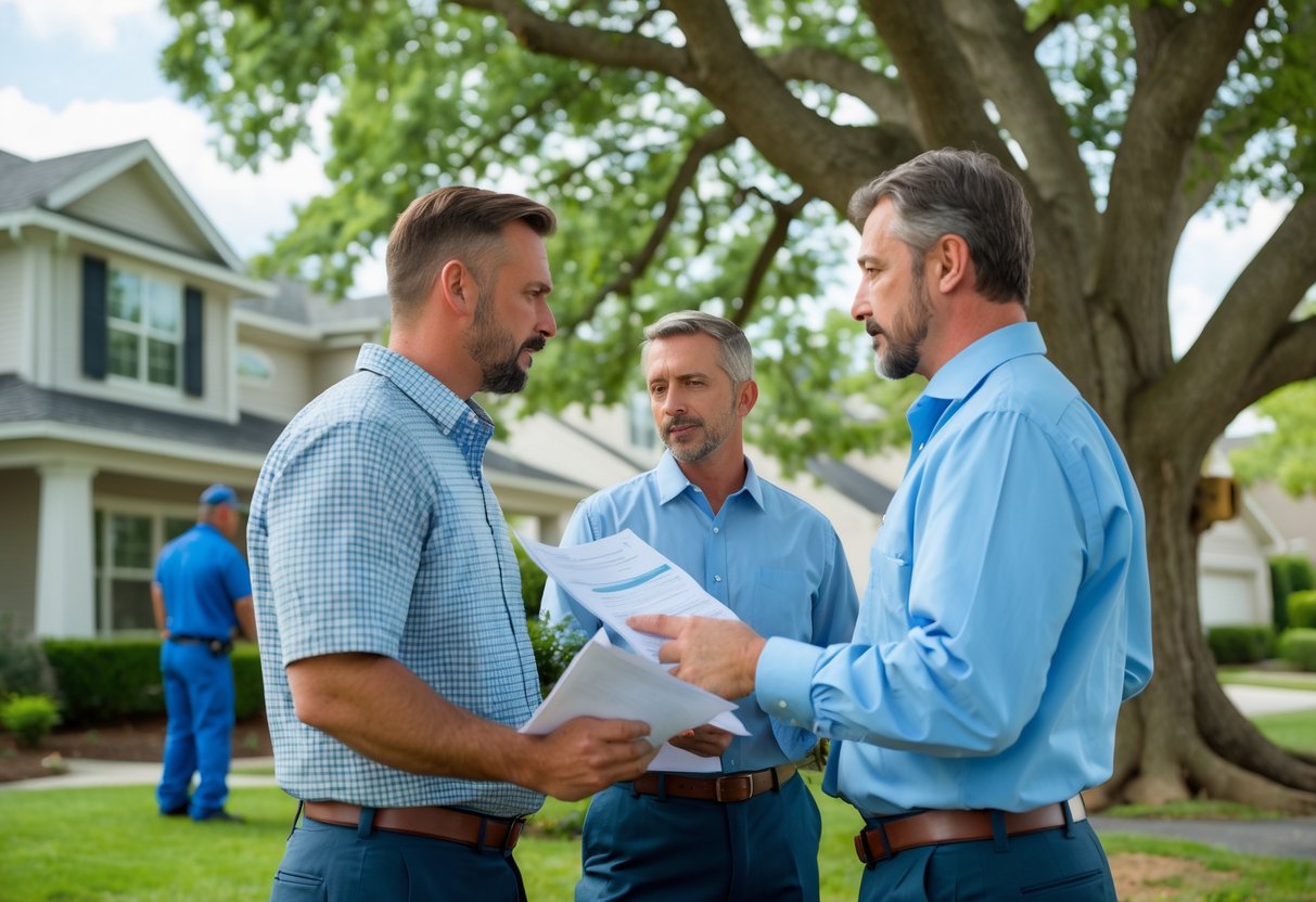A homeowner talks with an insurance agent outside a house while a tree removal expert inspects a large tree nearby.