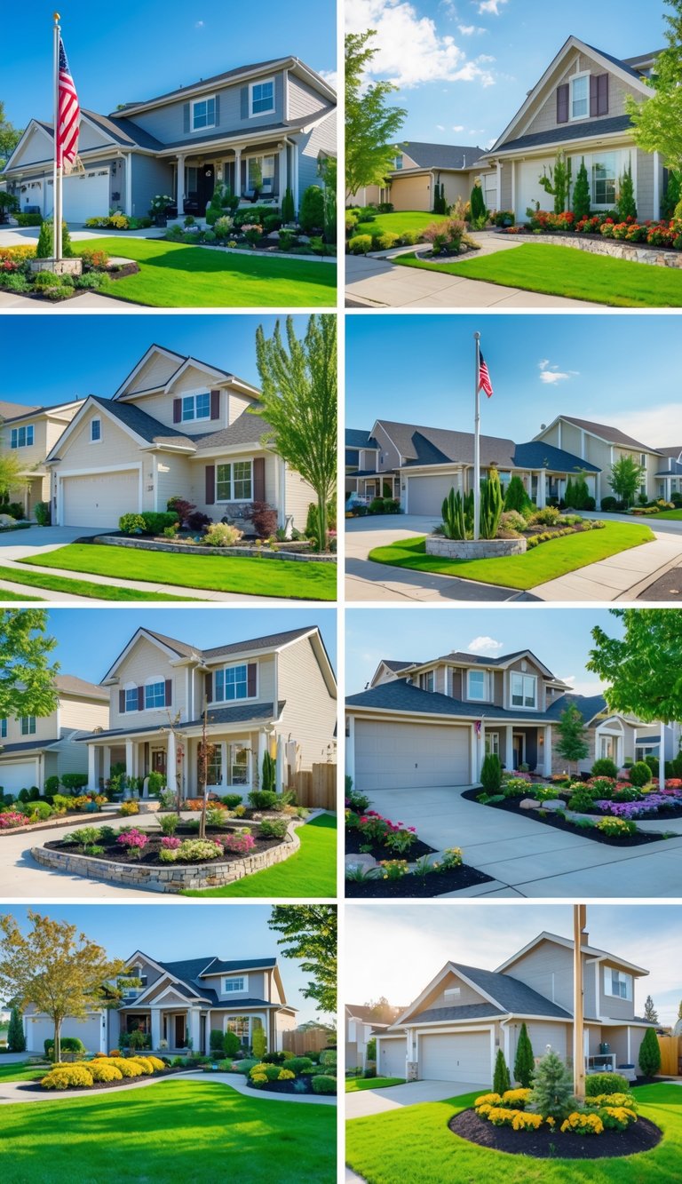 Multiple front yards with flagpoles, each featuring different landscaping designs including flowers, shrubs, grass, and decorative elements.
