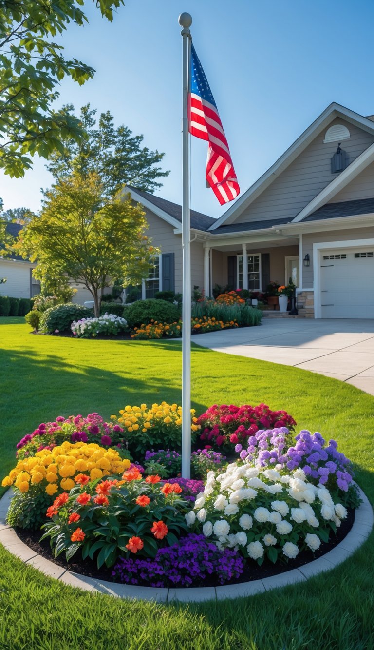 A circular flower bed with colorful seasonal flowers surrounds a flag pole in a green front yard.