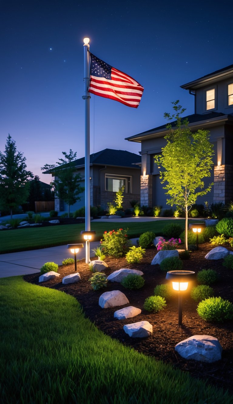 A front yard at night with a flagpole illuminated by solar-powered uplights surrounded by landscaping including grass, shrubs, and flowers.