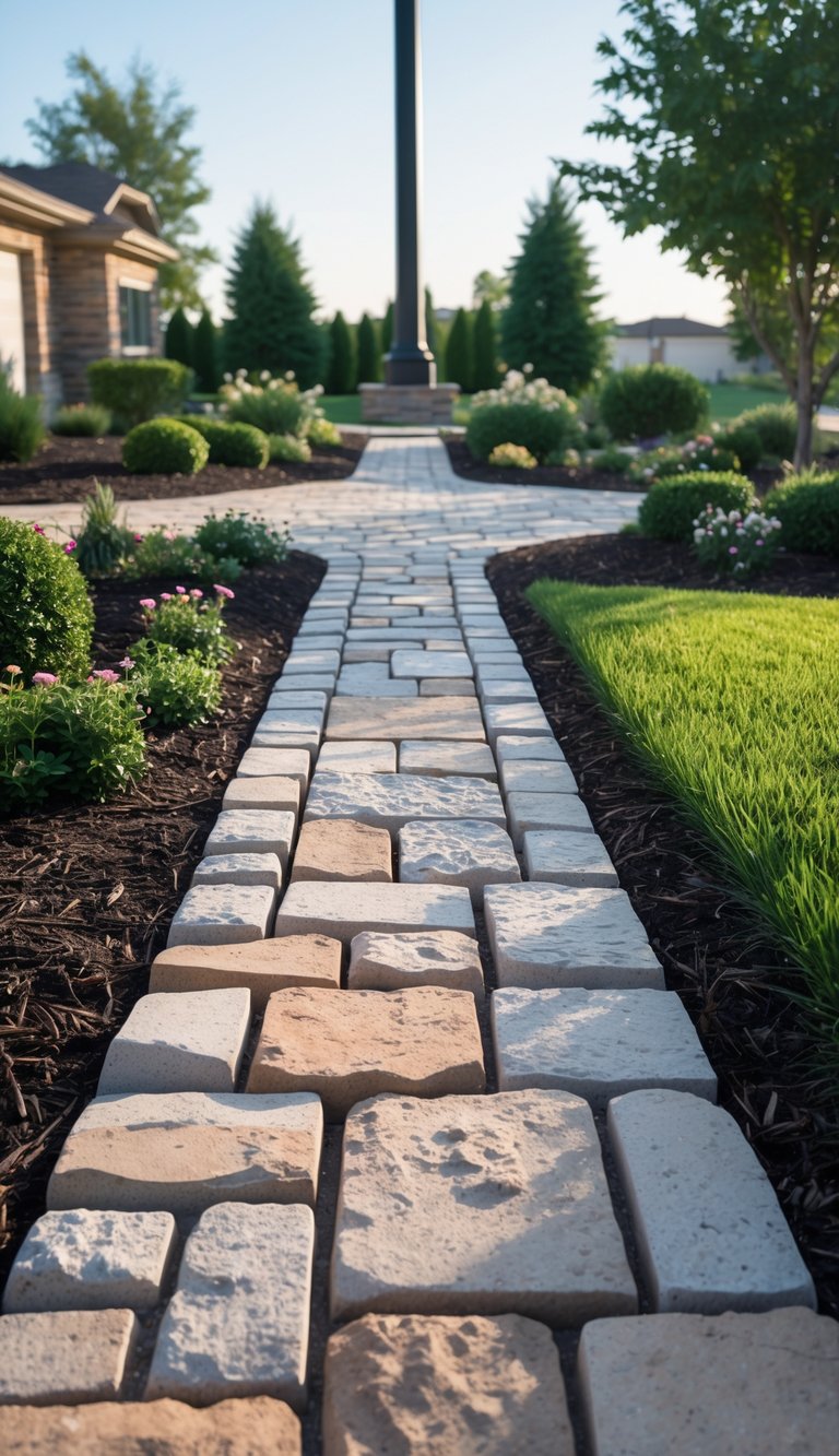 A stone or brick walkway leads through a landscaped front yard to a flagpole surrounded by grass and plants.