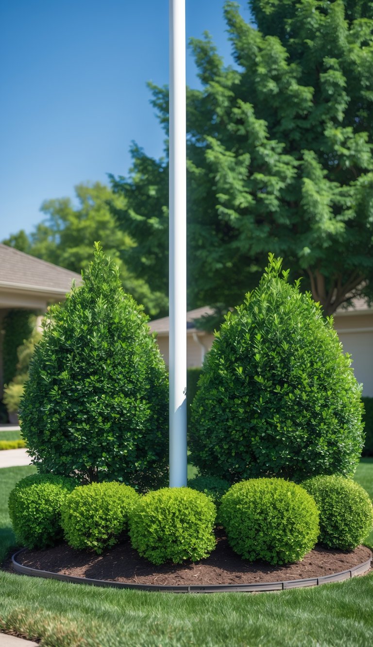 Front yard with a flagpole surrounded by green boxwood and juniper shrubs, with a manicured lawn and clear sky.