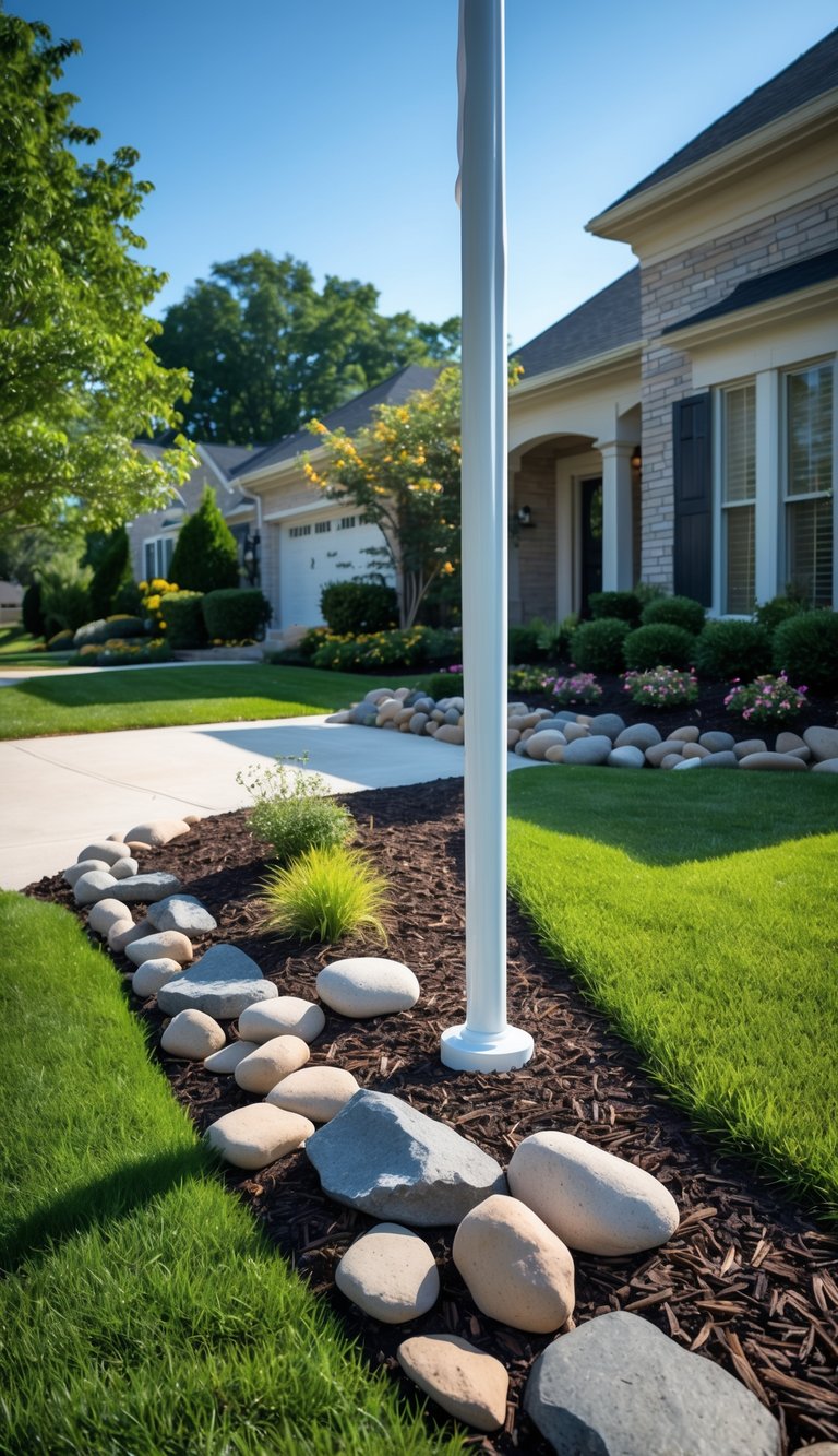 A front yard with a flagpole surrounded by decorative mulch and river rocks, green grass, and small plants.
