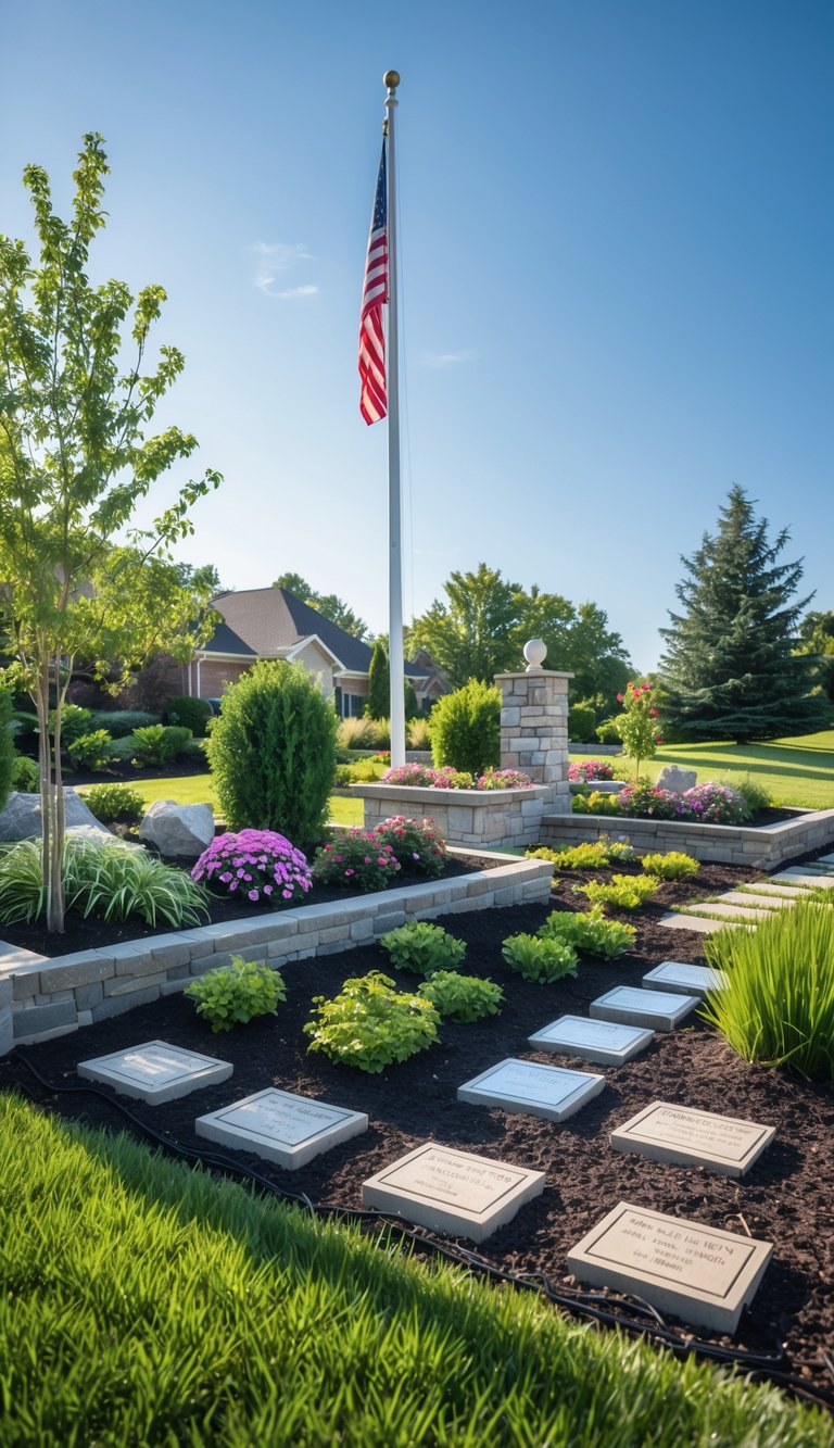 A front yard memorial garden with a flagpole surrounded by plants, flowers, and personalized plaques integrated into the landscaping.