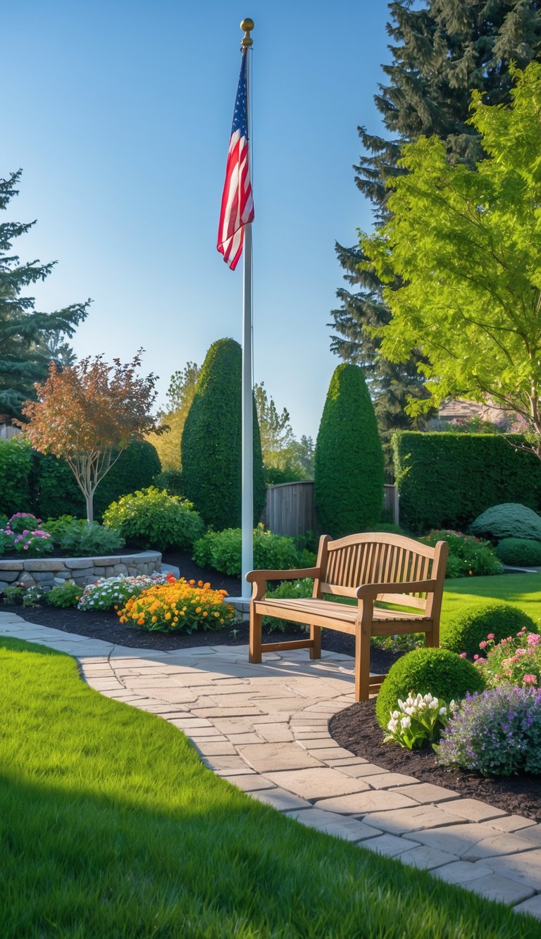A front yard with a wooden bench near a flagpole surrounded by green grass, flowers, and shrubs.