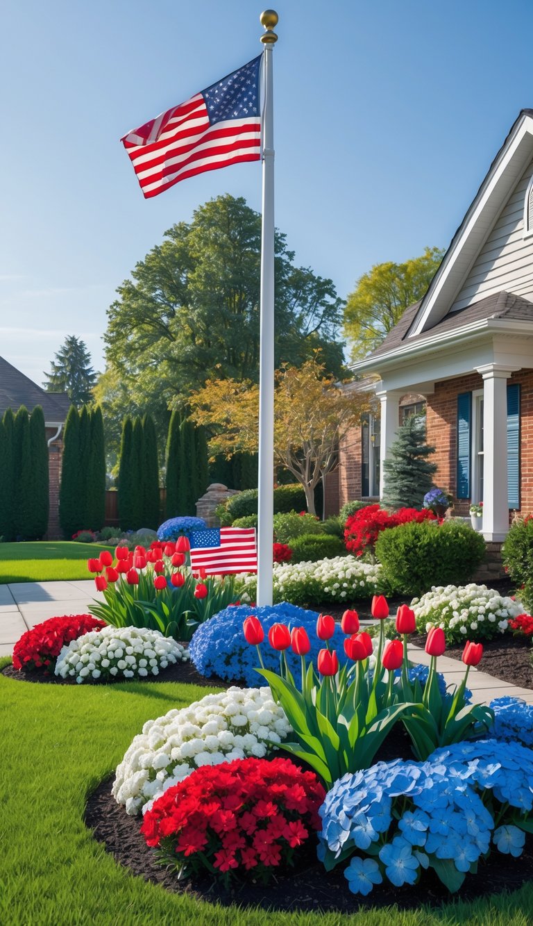 A front yard with a flagpole surrounded by red, white, and blue flowers and green landscaping under a clear sky.