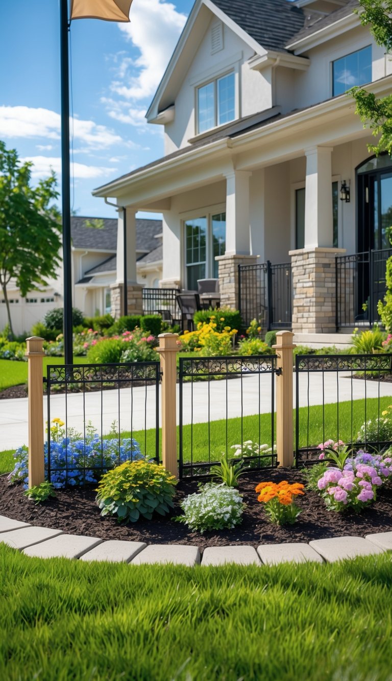 Front yard with a small fence protecting flower beds and a flagpole near a house.
