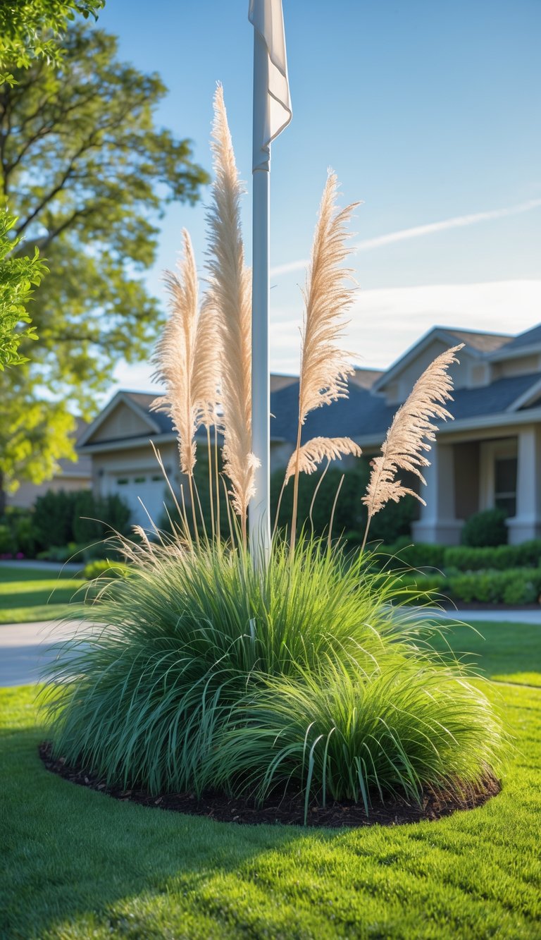 A front yard with a tall flagpole surrounded by tall ornamental grasses and a neatly trimmed lawn under a clear blue sky.