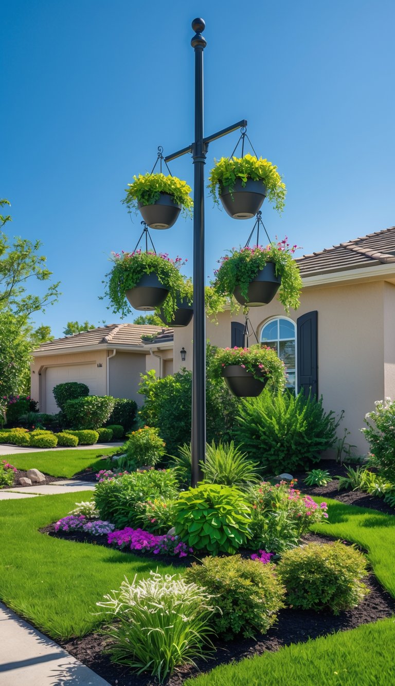 A front yard with a flagpole that has hanging planters filled with flowers and plants, surrounded by grass and shrubs.