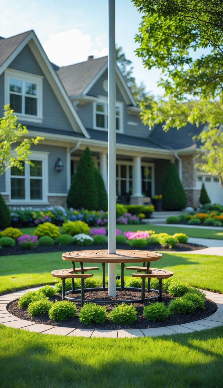 A front yard with a tall flagpole surrounded by a circular wooden bench, colorful flowers, and green grass in front of a house.