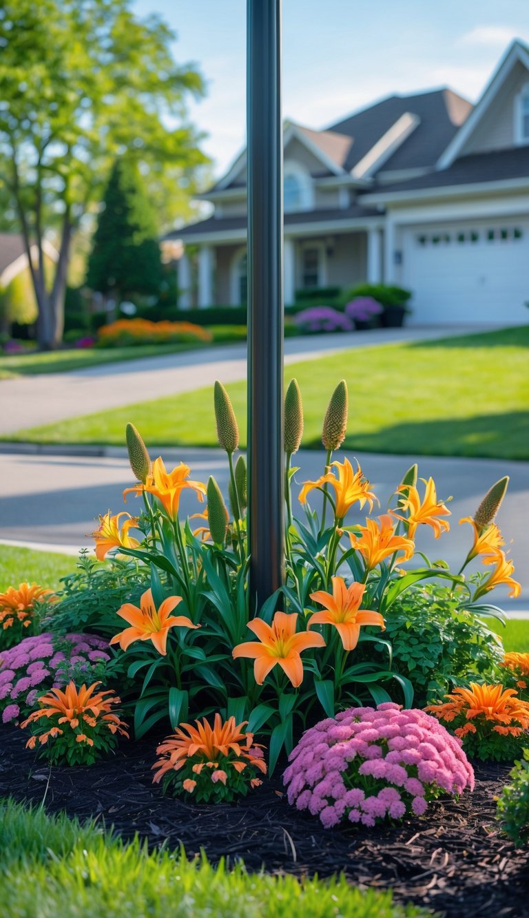 A front yard with a flagpole surrounded by blooming daylilies and coneflowers in a garden bed.