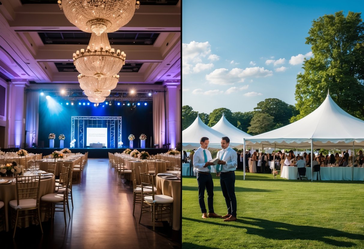 Split image showing an indoor event with decorated tables and an outdoor event with a tent and trees, with people discussing documents in both settings.