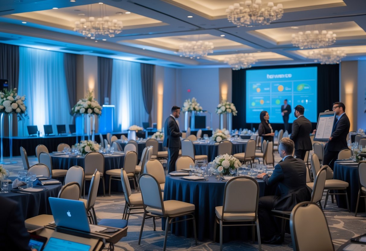 People in a well-lit indoor event space with tables, chairs, and decorations, discussing event planning and paperwork.