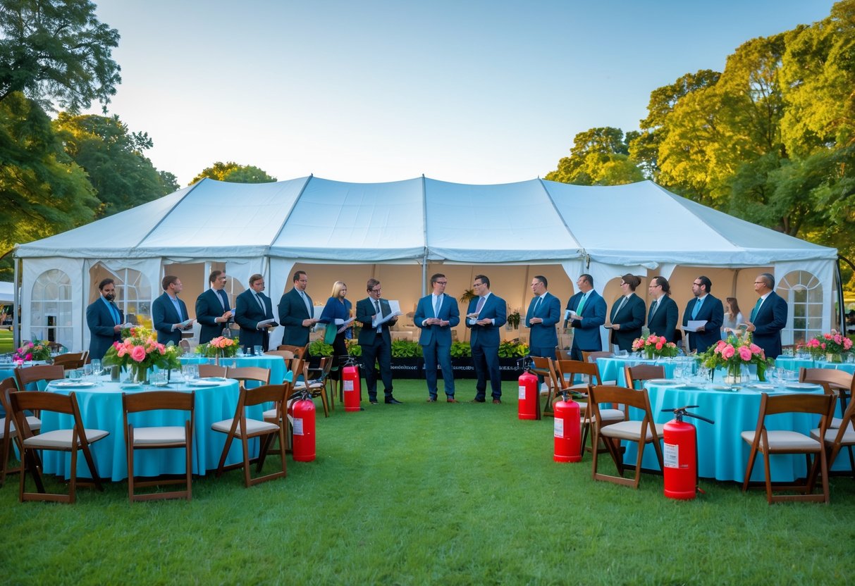 A group of event planners and insurance agents discussing at an outdoor event setup with a large tent, chairs, tables, and safety equipment in a park.