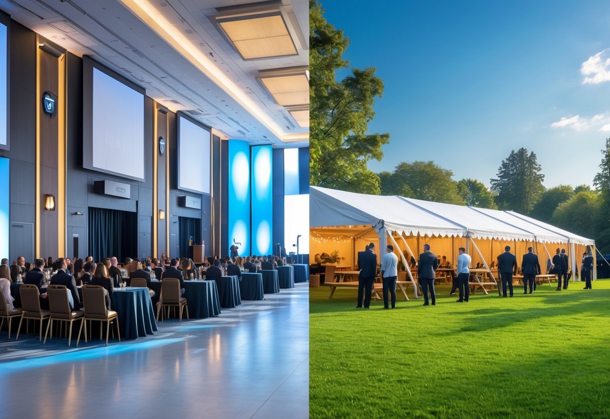 Split image showing an indoor event in a conference hall on the left and an outdoor event with a marquee tent on a lawn on the right.