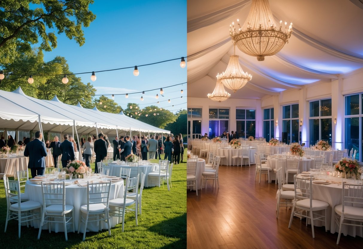 Split image showing an outdoor event under a white tent in a park and an indoor event in a decorated hall with tables and guests.