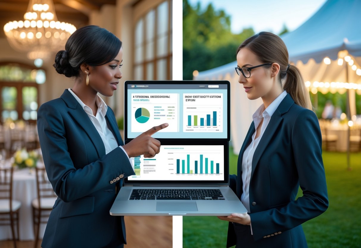 Two event planners discussing insurance options with a laptop, showing an indoor event venue on one side and an outdoor event space on the other.