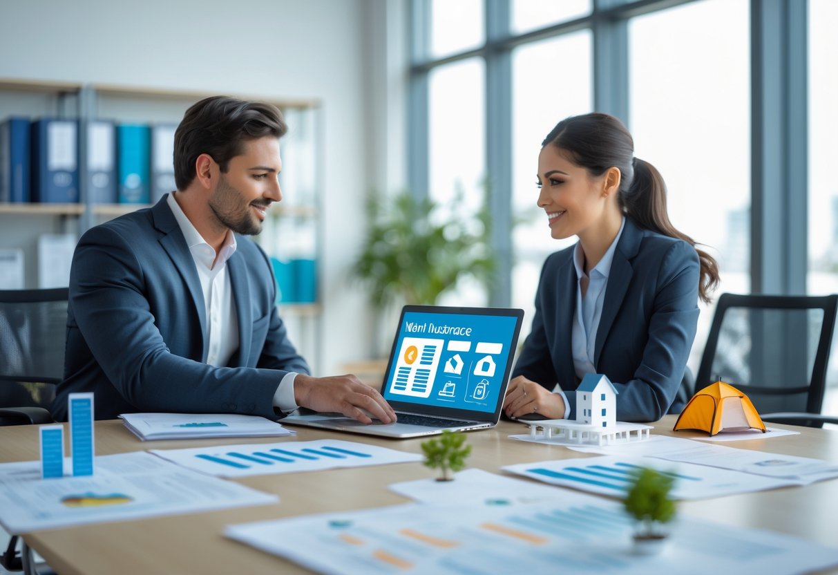 Two professionals discussing event insurance documents at a conference table with models of a building and an outdoor tent.