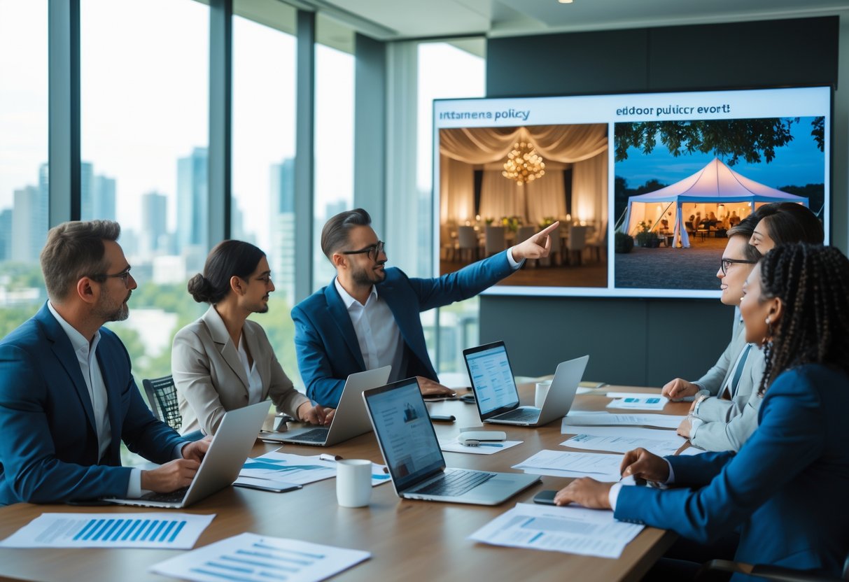 A group of professionals in a meeting room discussing and comparing indoor and outdoor event setups displayed on a large screen.