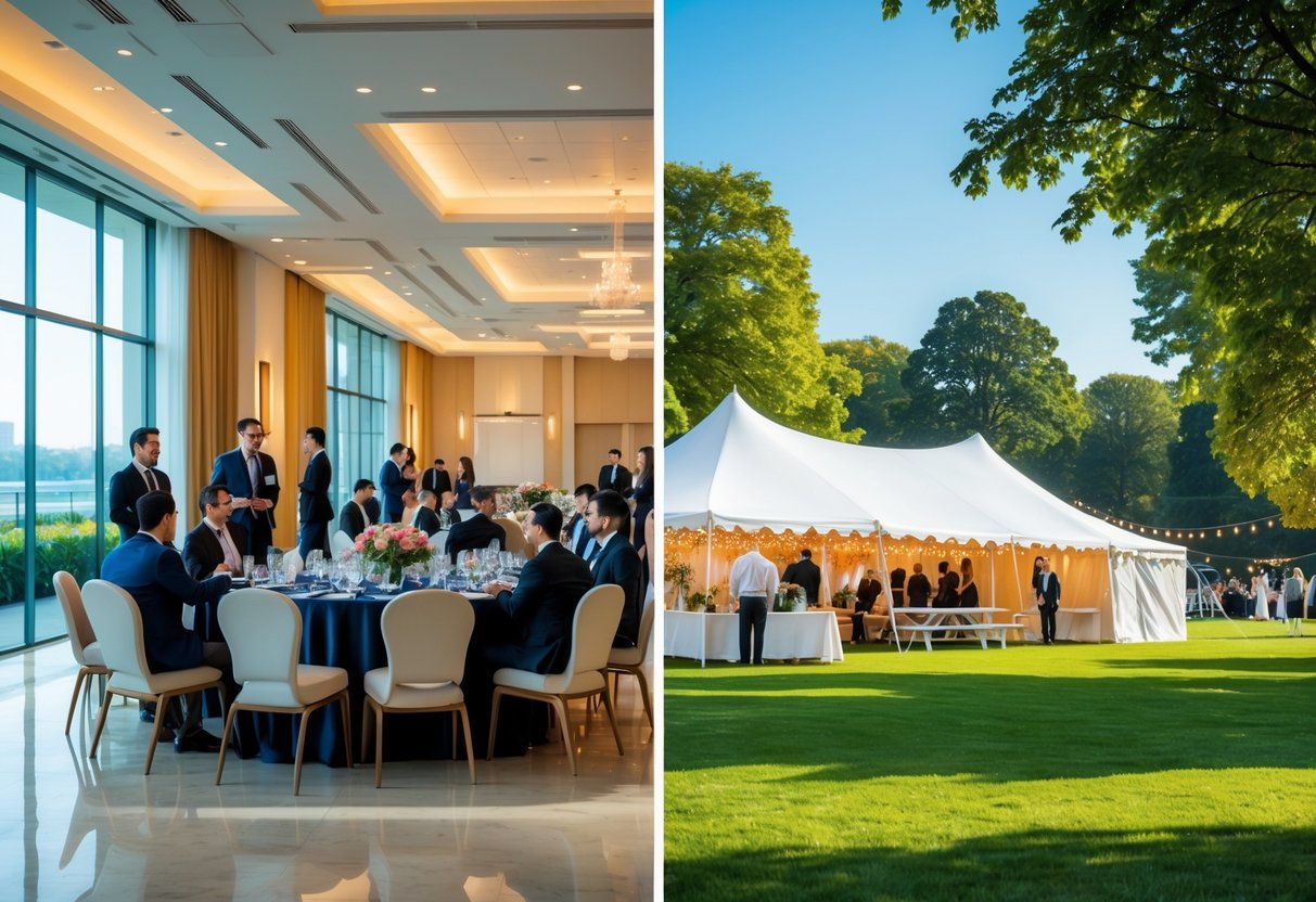 Split image showing an indoor event in a conference room and an outdoor event in a park with a tent and people.