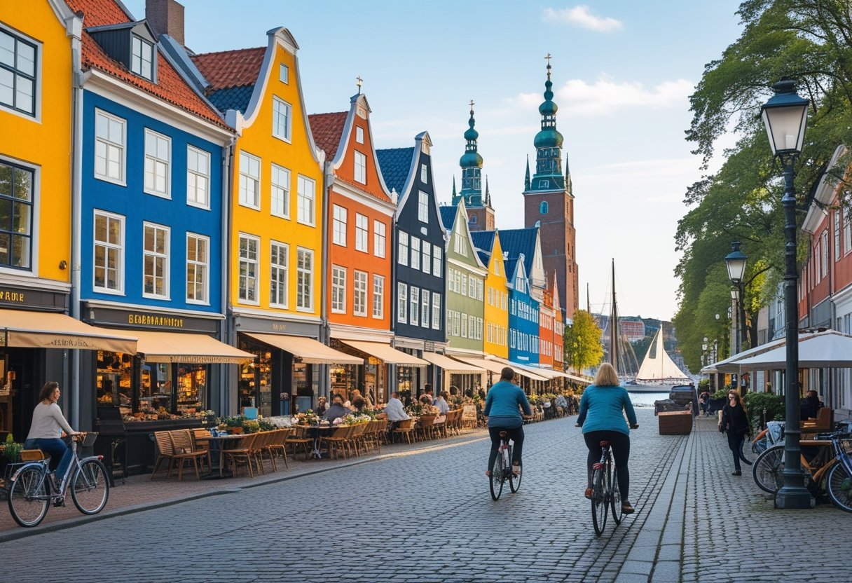 A lively Copenhagen street with colorful buildings, cyclists, outdoor cafes, and waterfront boats under a clear sky.