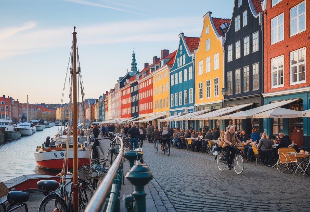 Colorful buildings along a waterfront with boats, outdoor cafes with people, cyclists on cobblestone streets, and the Little Mermaid statue in the background in Copenhagen.