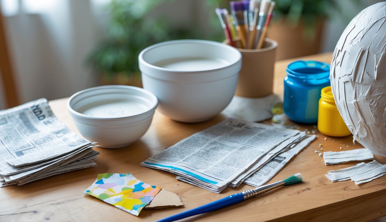 A workspace with materials and tools for paper mache including glue, water, newspaper strips, paintbrush, scissors, a balloon with paper mache layers, and paint on a wooden table.