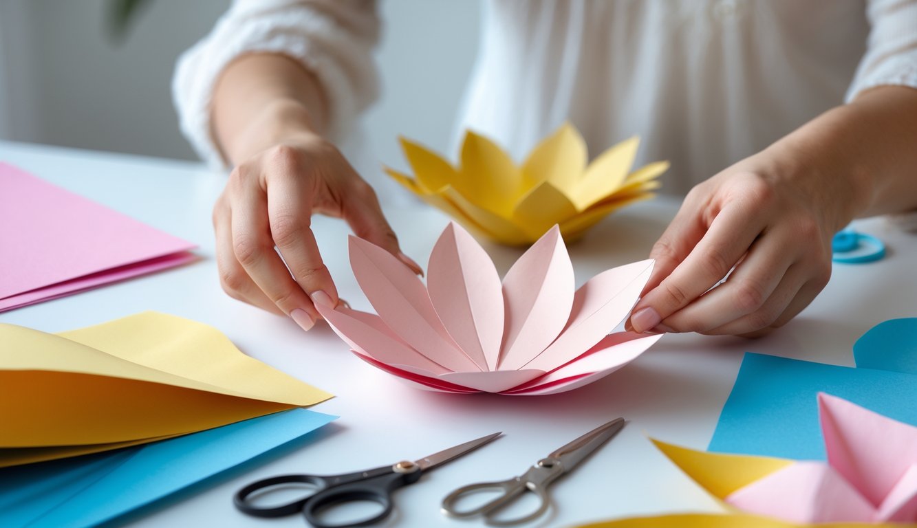 Hands making a paper flower with colorful paper, scissors, and glue on a bright workspace.