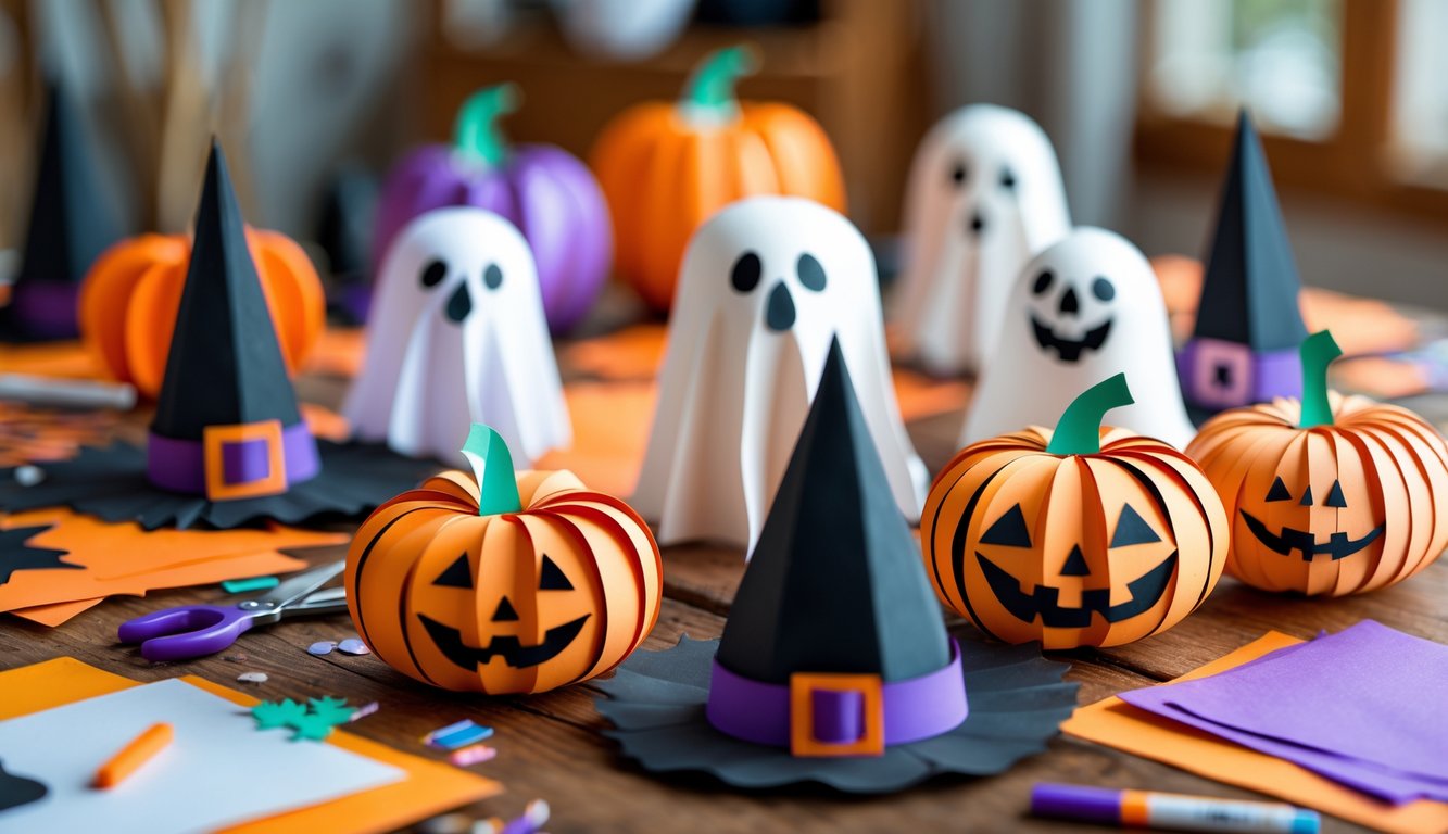 A table with various paper Halloween crafts including pumpkins, ghosts, and bats, surrounded by crafting supplies.