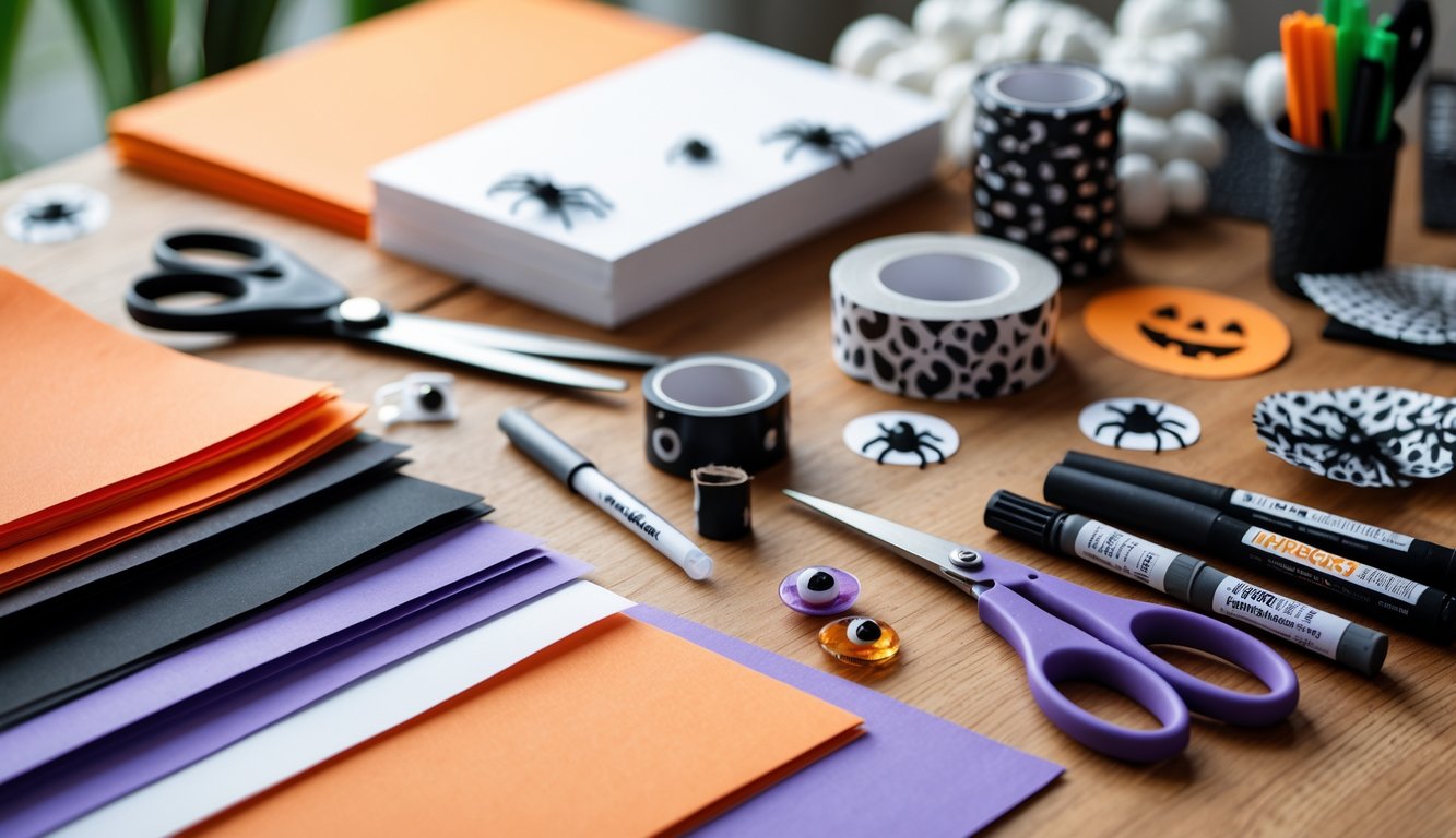 A table with various paper Halloween craft supplies including colored paper, scissors, glue sticks, markers, googly eyes, and Halloween-themed decorations.