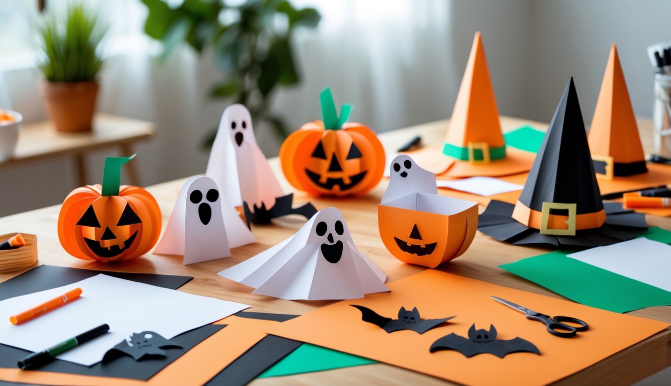 A table with various handmade Halloween paper crafts including pumpkins, ghosts, and bats, surrounded by crafting supplies like scissors and glue sticks.