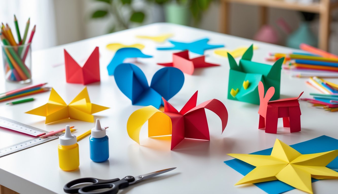 A table with colorful construction paper crafts, scissors, glue sticks, and colored pencils arranged neatly.