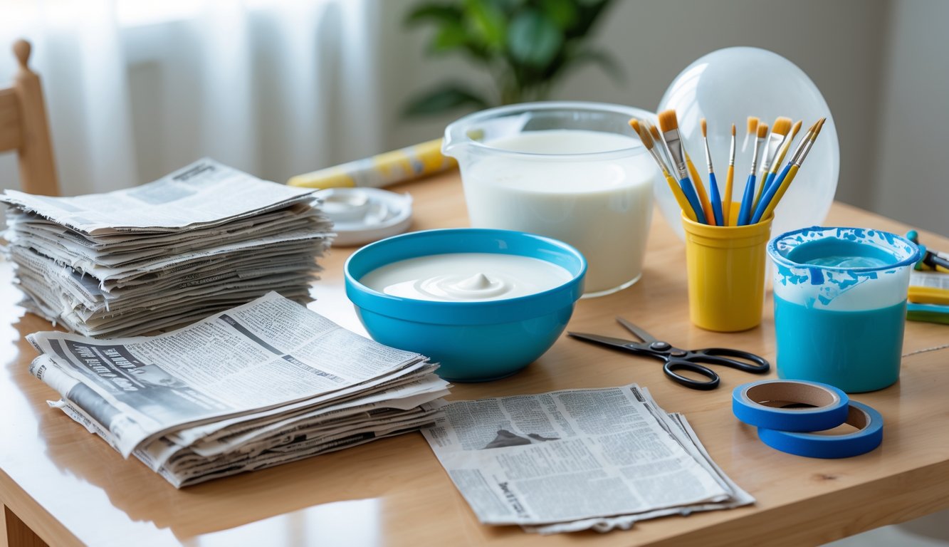A craft table with newspaper, glue, water, paintbrushes, scissors, a balloon covered in paper strips, and masking tape arranged for a paper mache project.