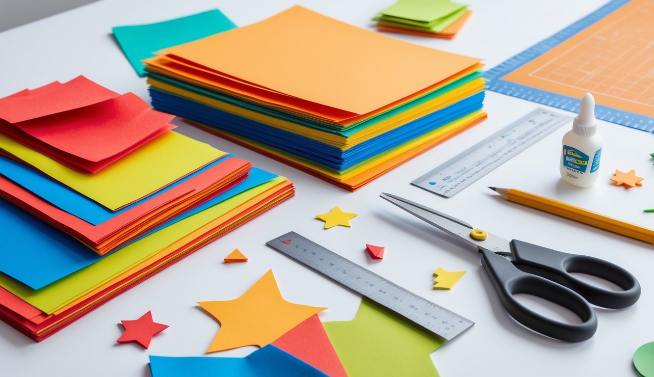 A workspace with colorful construction paper sheets, scissors, glue, a ruler, a craft knife, and small paper cut-out shapes arranged neatly for paper crafts.