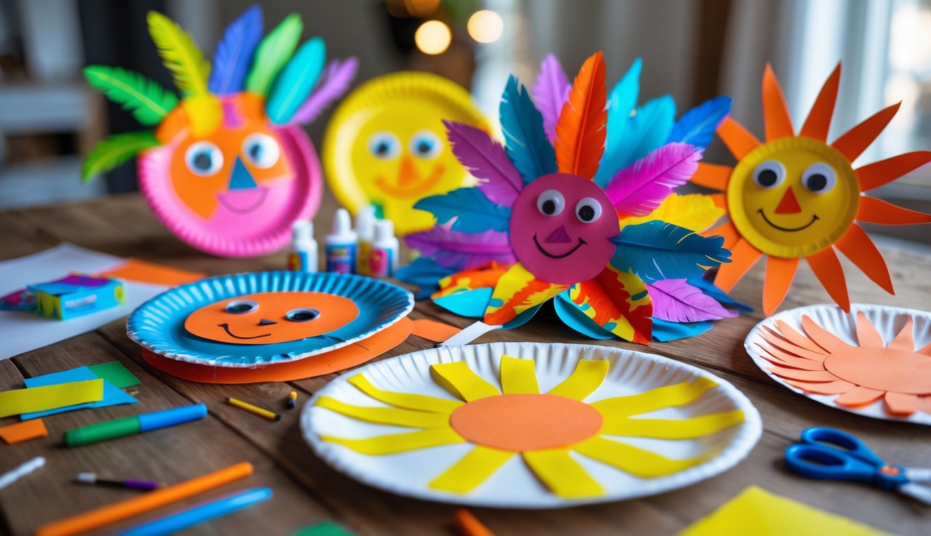 A table displaying various colorful paper plate crafts including masks, animal faces, flowers, and suns made with paint, paper, and craft materials.