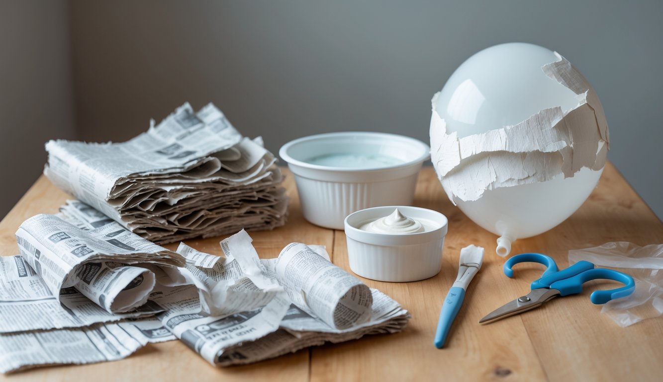 A table with essential paper mache materials including torn newspaper strips, glue, water, a paintbrush, scissors, and a balloon partially covered with paper mache.