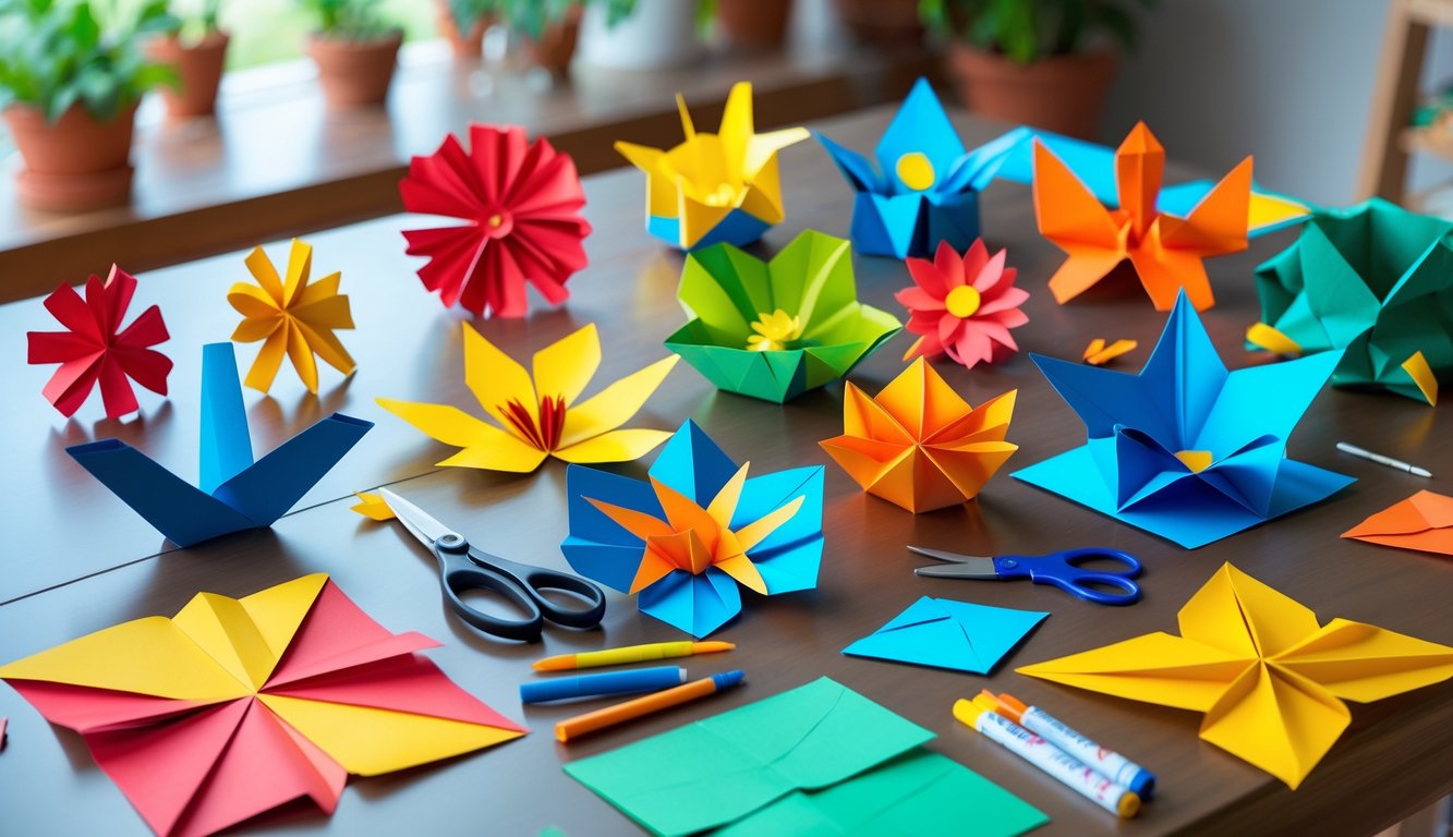 A table covered with colorful construction paper crafts including flowers, animals, and origami, surrounded by crafting tools.