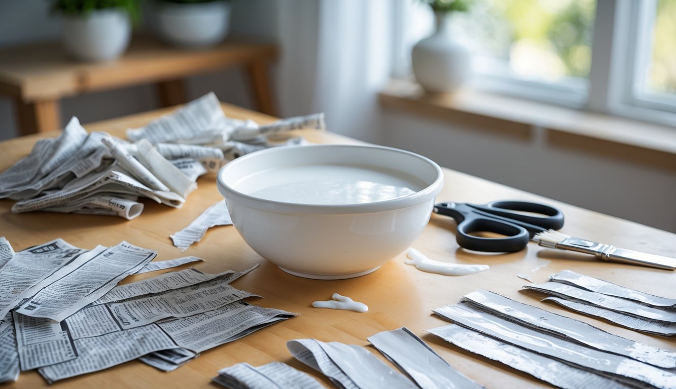 A workspace with materials for paper mache including a bowl of glue mixture, torn newspaper strips, scissors, a paintbrush, and a balloon covered with paper mache.