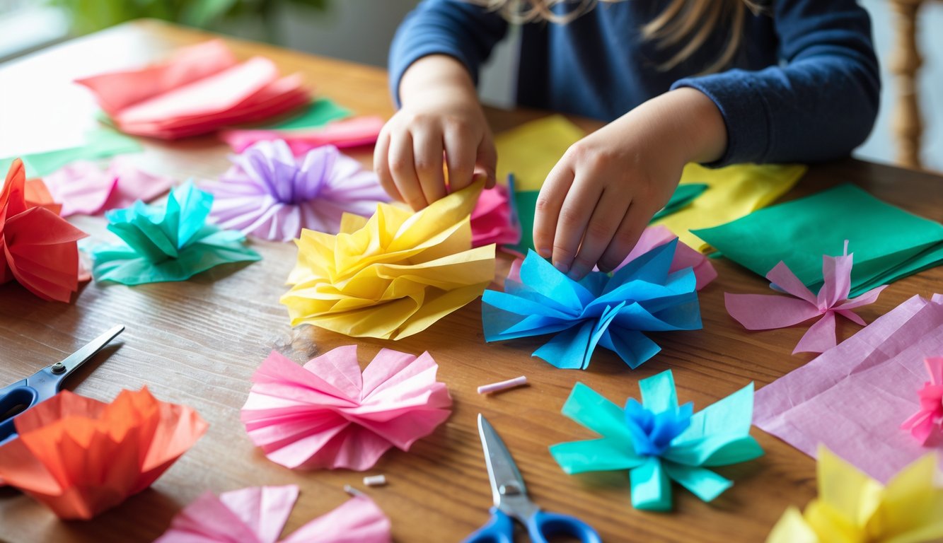Child's hands making colorful tissue paper crafts on a wooden table with scattered craft supplies.