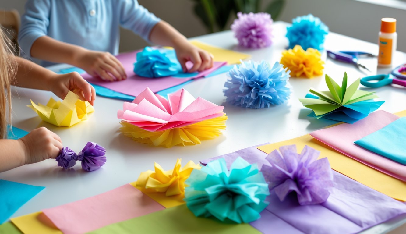 A child's hands making colorful tissue paper crafts with various completed tissue paper flowers and pom-poms on a wooden table surrounded by craft supplies.