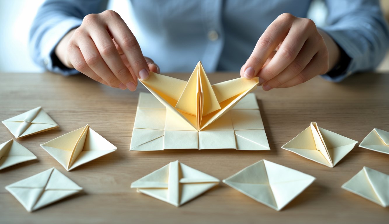 Hands folding origami paper on a wooden table with several partially folded shapes of an origami crane.