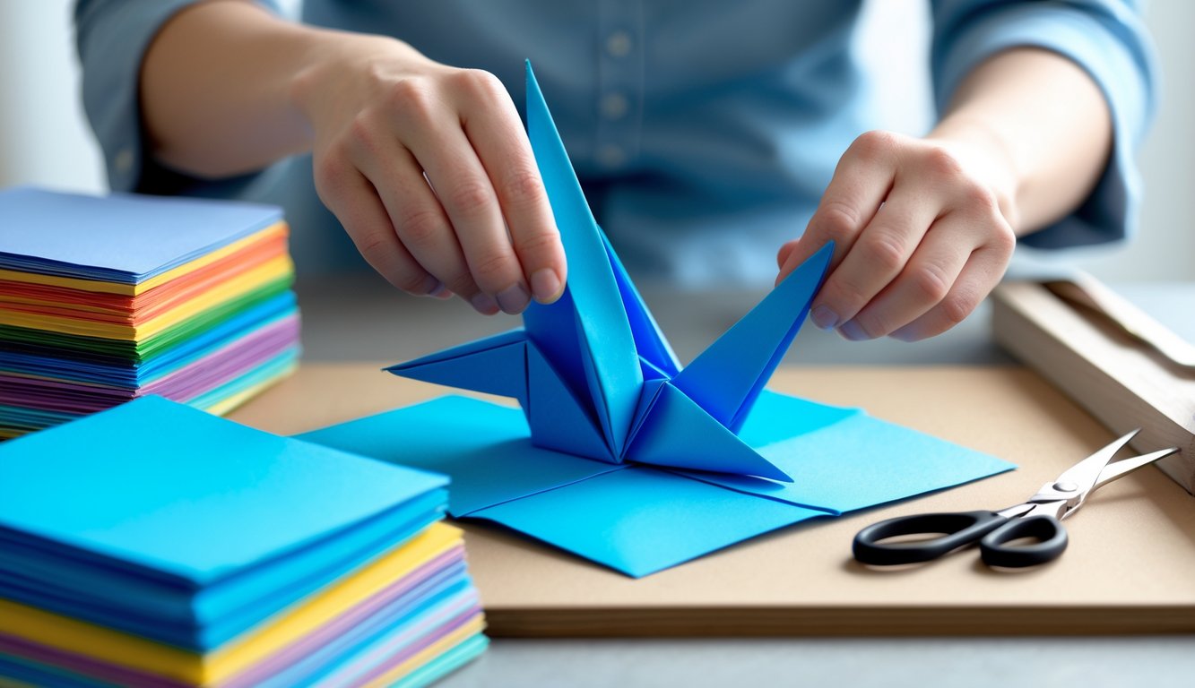 Hands folding a bright blue origami paper into a crane on a wooden table with origami materials nearby.