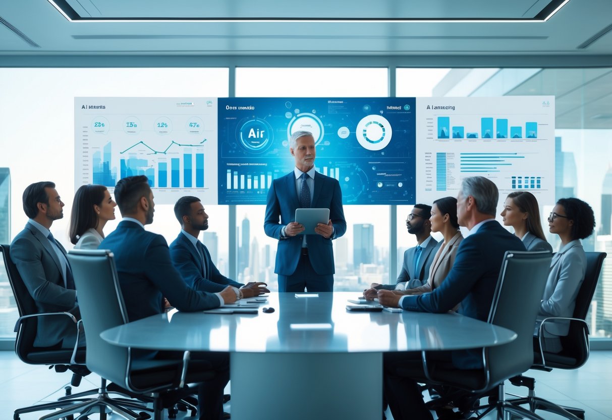 A group of senior executives in a modern boardroom engaged in a strategic meeting with a central figure leading the discussion, surrounded by digital displays and charts.