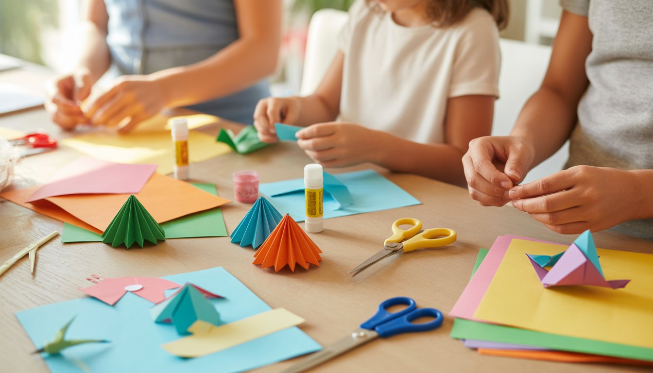 Hands of children and adults making colorful paper crafts on a wooden table with crafting materials around.