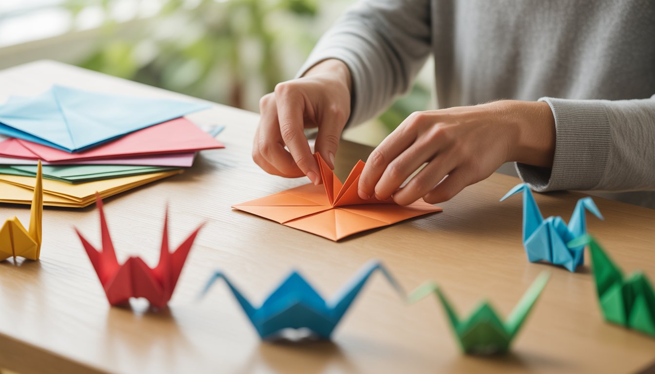 Hands folding origami paper on a wooden table with colorful origami papers and finished figures nearby.