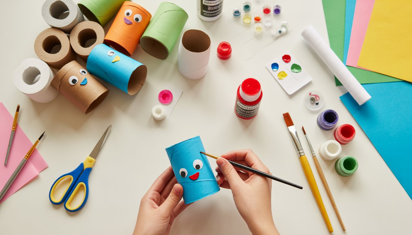 A workspace with hands making crafts using toilet paper rolls and various art supplies.